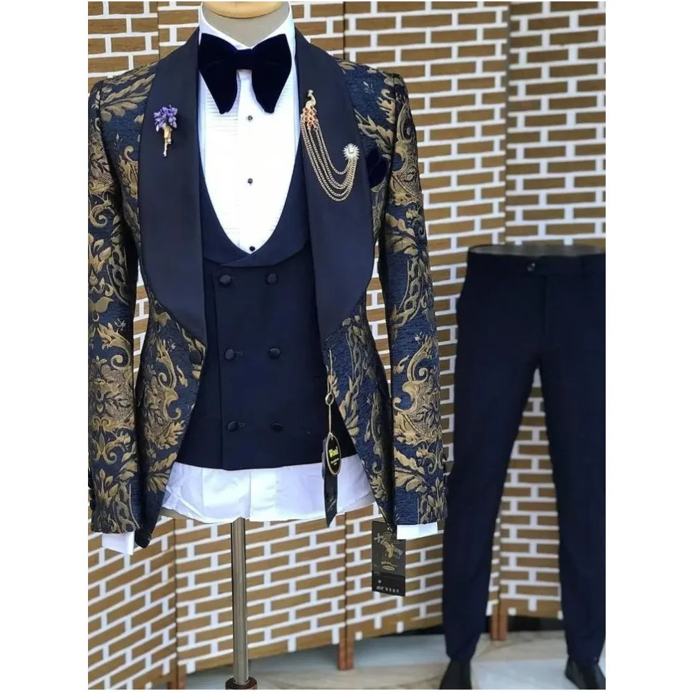 

Navy Blue Jacquard Mens 3 Piece Suits Slim Fit Wedding Groom Tuxedos Prom Party Business Tailor Male Blazers Jacket Vest Pant