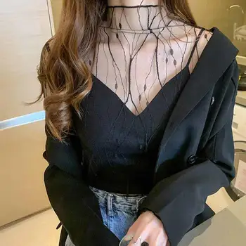Sexy Mesh Women's T-Shirt Summer Fashion Thin Bottom Shirt Lace Sheer Long Sleeve Blouses Ladies Tops High Neck Tee Solid Color 1
