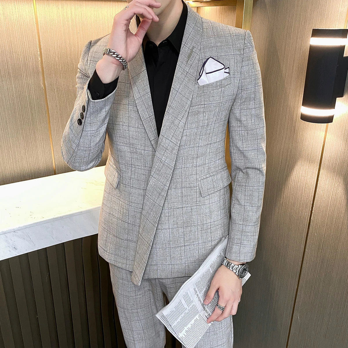 sport coat Blazer Asymmetry 2022 Spring Blazer High Quality Personalized Lattice Suit Wedding Dress Two Piece Men Tuxedo Suit Smoking Uomo men blazer