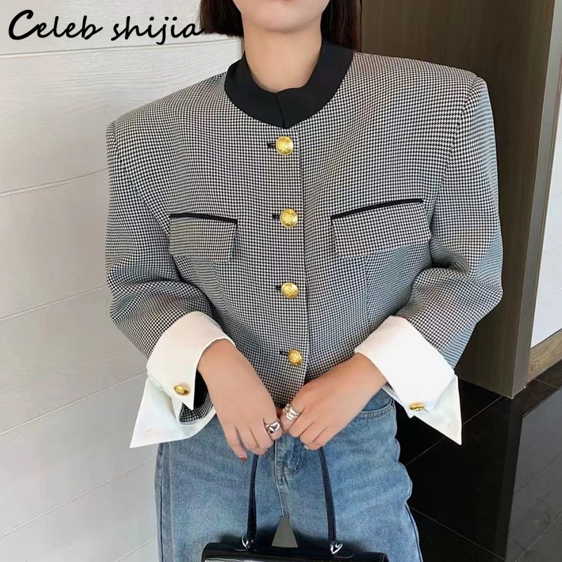 

Chic Houndstooth Jacket for Women Korean Fashion Golden Button Vintage Coat Office Ladies Autumn Winter O-neck Street Outerwear