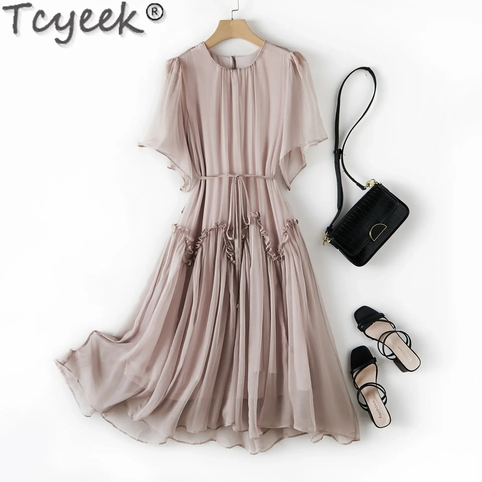 

Tcyeek Womens Dresses 2023 Elegant 100% Mulberry Silk Dress Summer New Dresses for Women Clothes Boho Beach Dress Solid Vestidos