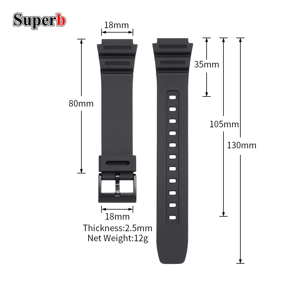 Black Rubber Silicone Watch Band Bracelet - 18mm Strap Replacement Watch Accessory