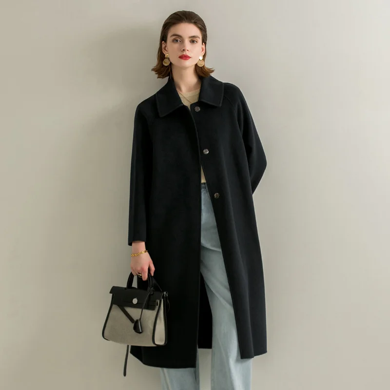 

Wool Coat Trench Autumn Winter Women's Elegant Fashion Simple Double Sided wool Medium Length Straight Woolen
