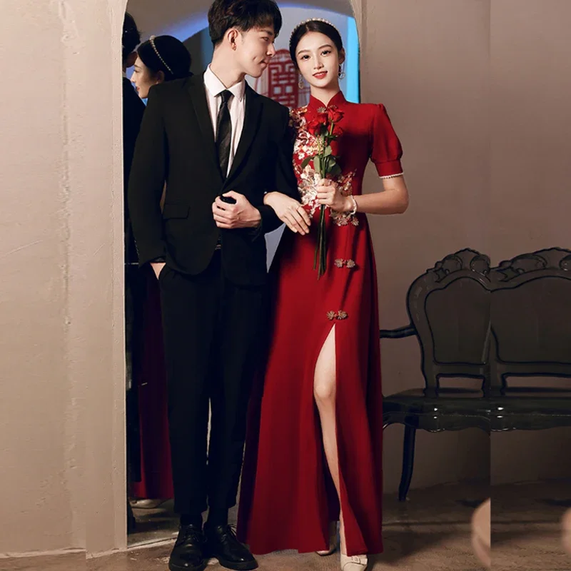 

Chinese Embroidered Wedding Dress Bridal Cheongsam for Women Wine Red Mermaid Evening Dress Costume Qi Pao Long Dress Elegant