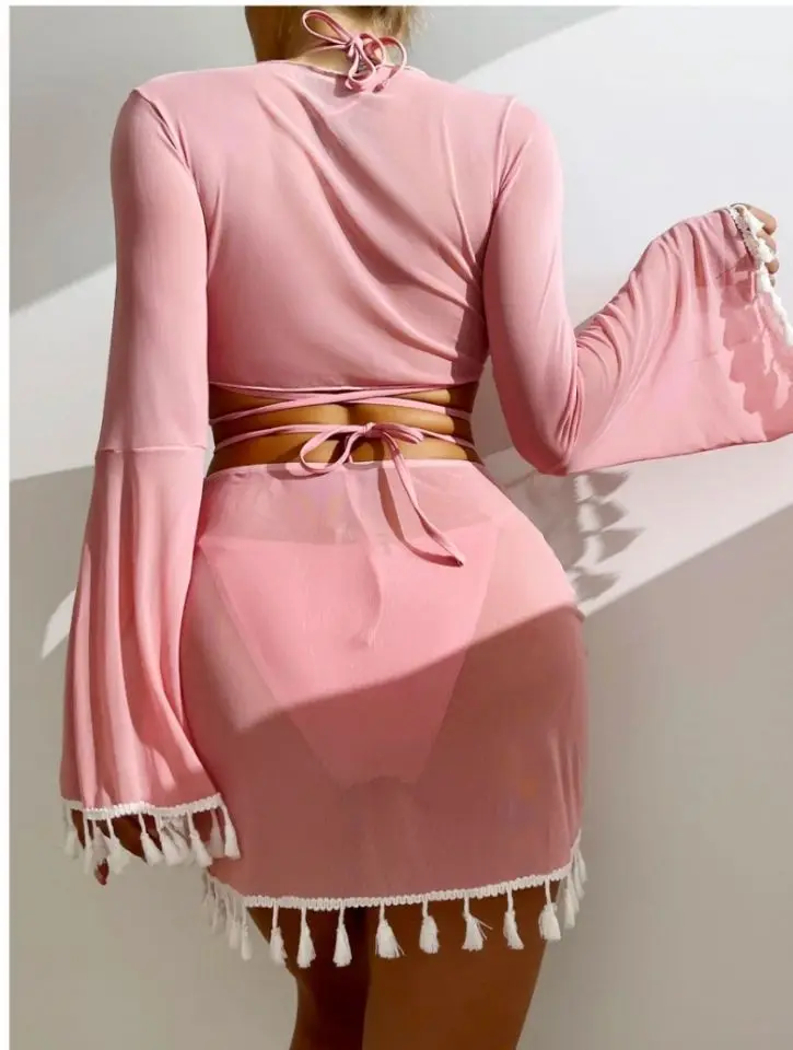 European and American Swimsuit Four-piece Solid Color Tassel Blouse Gauze Skirt Bikini Women swimwear