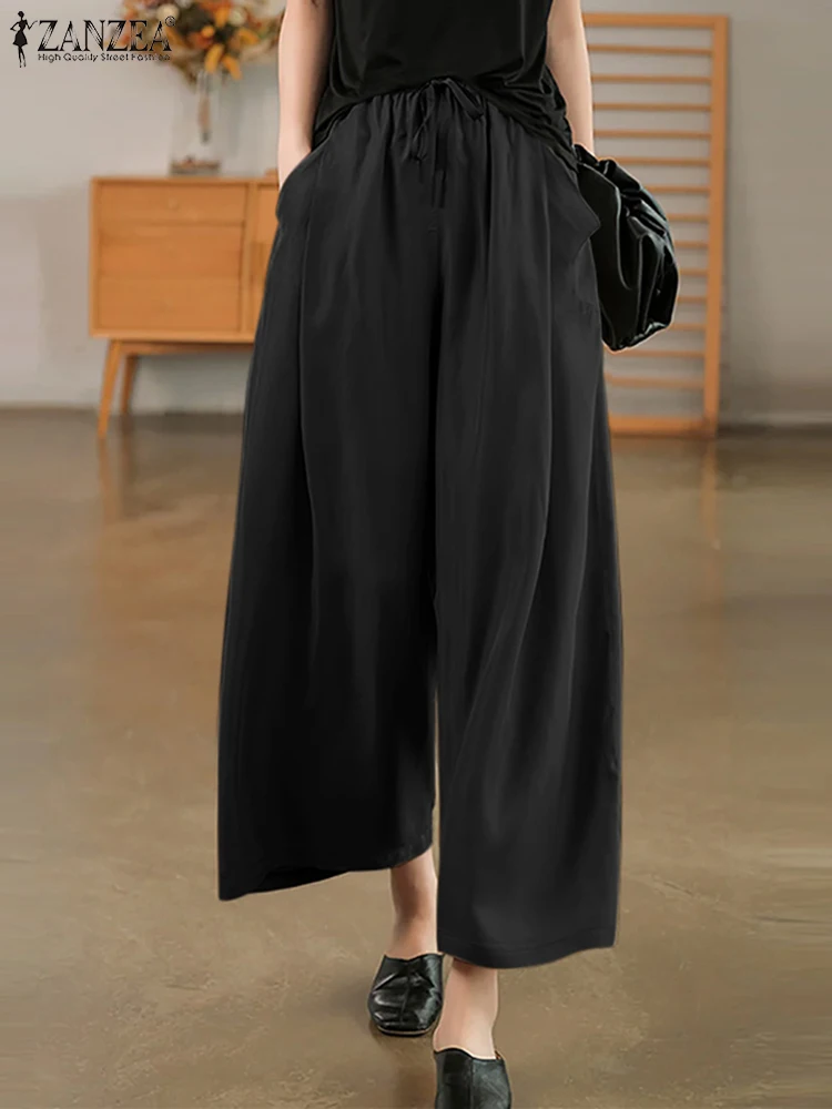 

ZANZEA Fashion 2023 Autumn Capris Loose Women Cropped Pant Casual Drewstring Waist Trousers Elastic Waist Leisure Wide Leg Pants