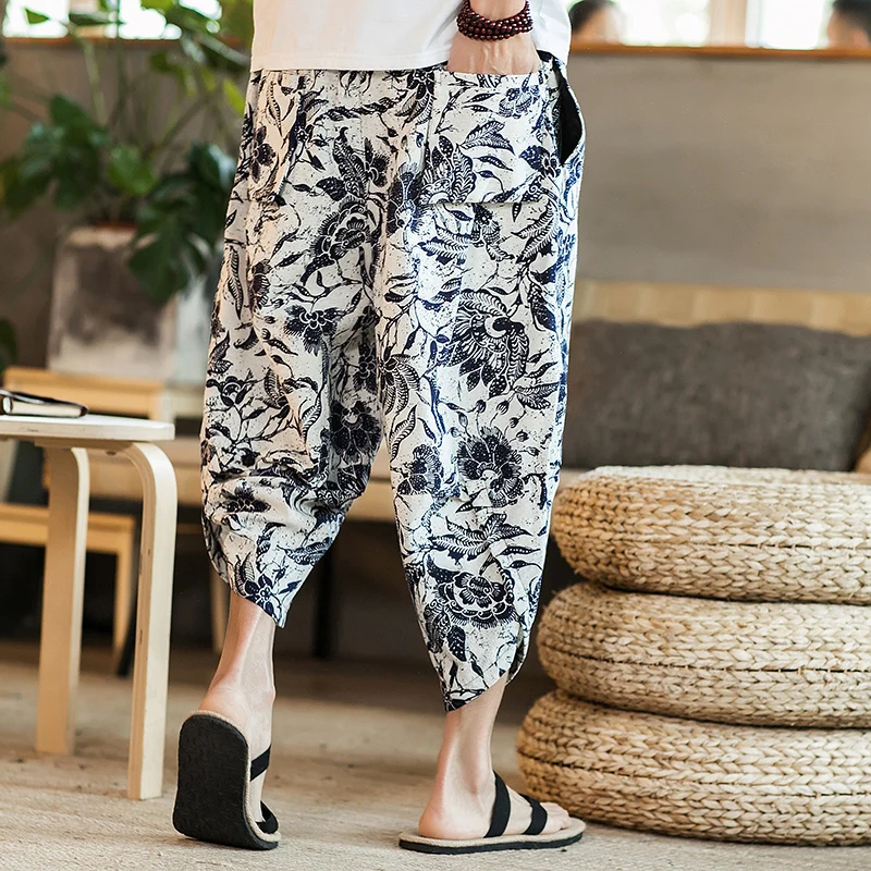 Harajuku Summer Loose Calf Length Casual Pants Men Wide Leg Cotton Linen Printing Baggy Pants Oversize Men's Trousers - Image 2