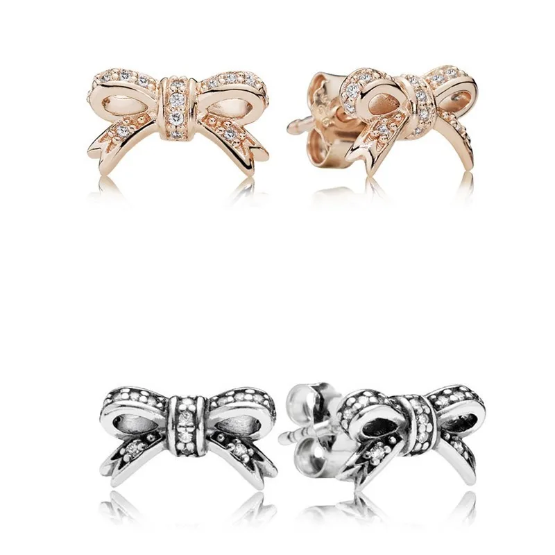 

Authentic 925 Sterling Silver Sparkling Rose Bow With Crystal Stud Earrings For Women Wedding Gift Fashion Jewelry