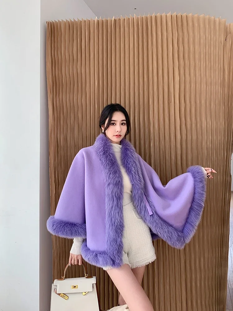 Solid Wool Fabric Short Coat Fox Fur Collar Shawl Cloak Retro Style Tassel Plate Buckle Autumn Winter Warm Outer Women Clothing