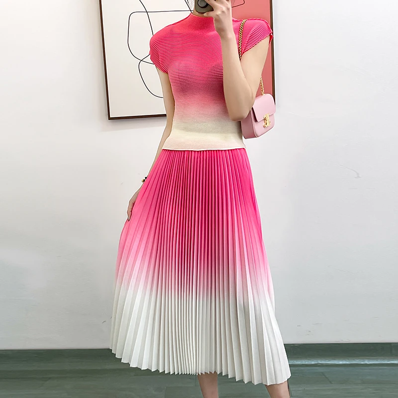 

Summer Women Two Piece Set Suit Outfits Korean Fashion Short sleeve Gradient Plaid Shirts Top+Pleated Long Skirt 2-Piece Set