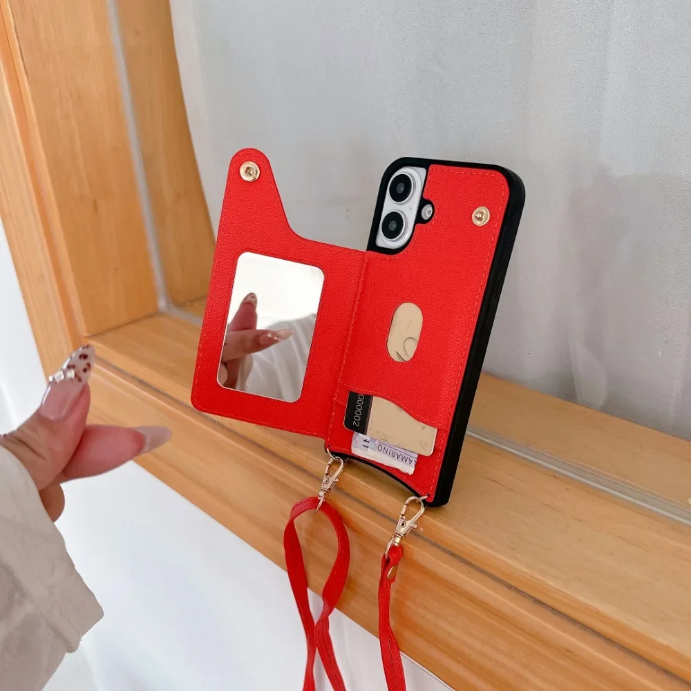 Stylish Mirror Crossbody Rope Phone Case with Card Holder and Leather Flip Cover