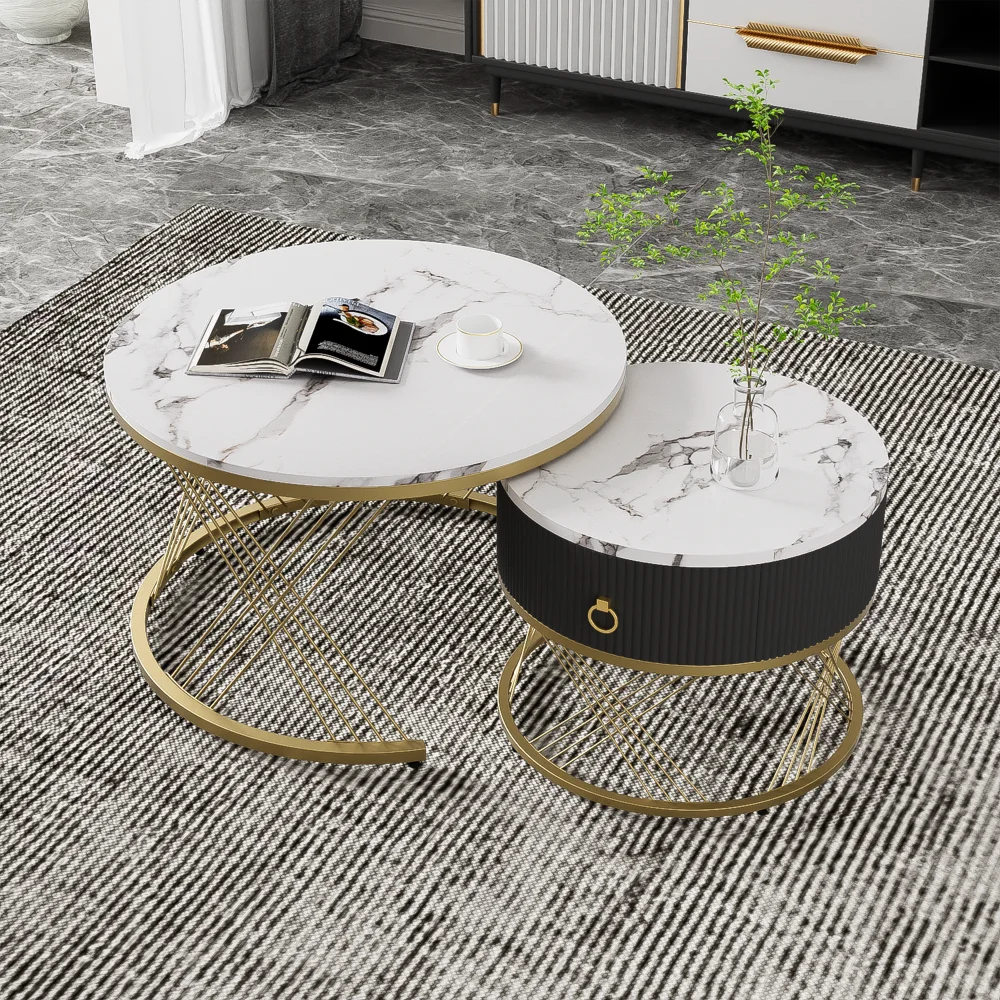 2-teiliges faltbares Couchtisch-Set – Platte aus Marmoroptik mit goldenen Akzenten, Beistelltische mit Schubladen, elegante kompakte Aufbewahrungsmöbel – Detail 15