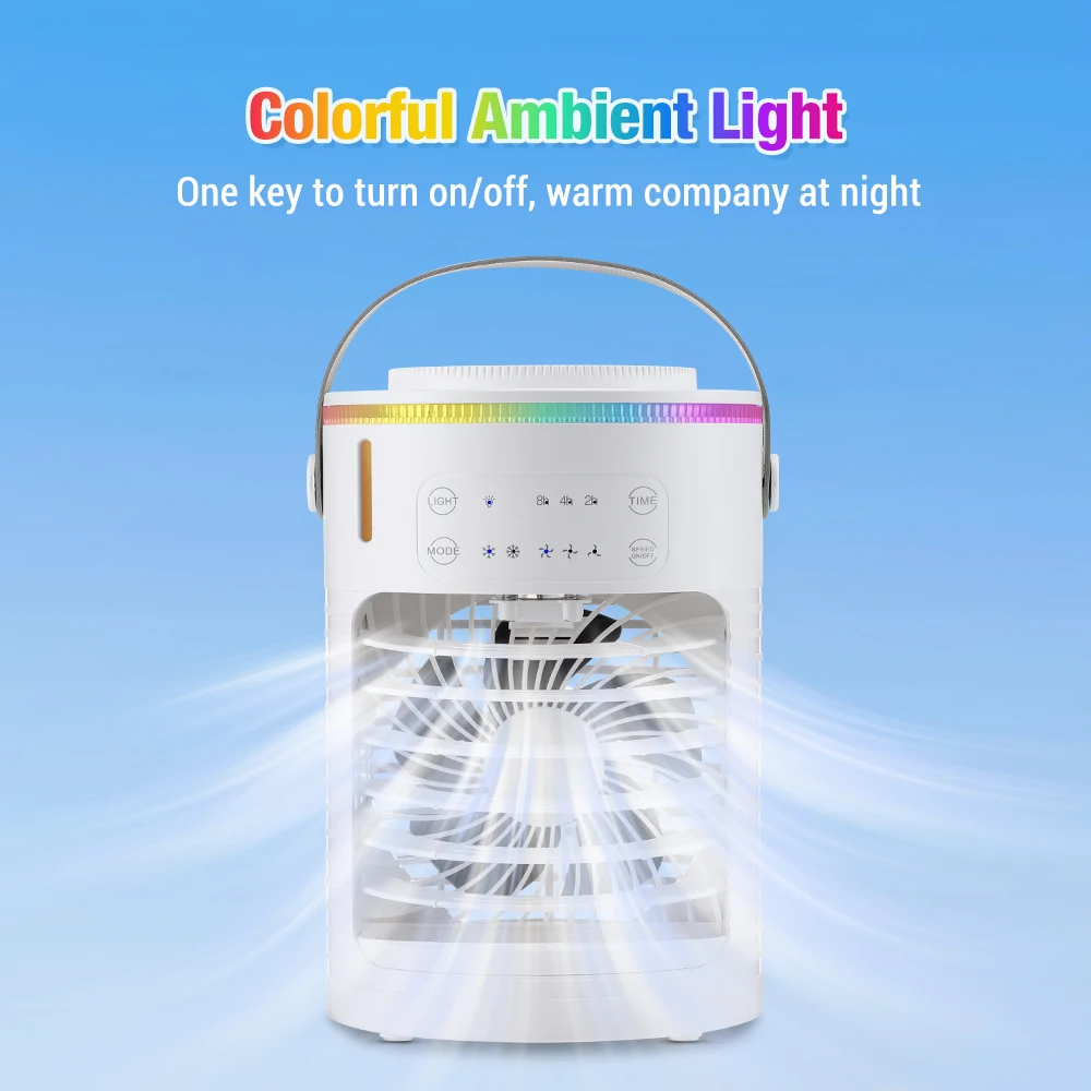 Climatiseur portable 3 vitesses USB mini avec 7 couleurs de lumière, ventilateur rafraîchisseur d'air, ventilateur de refroidissement par eau pour la maison et le bureau 5