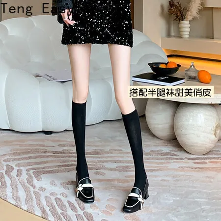 Single Shoe Women's Summer Mid Heel Thick Heel Genuine Leather Soft Leather Small Leather Shoes Bow Lefu Shoes French Soft Sole