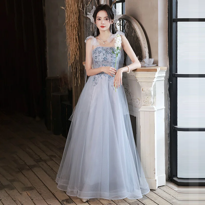 

New Arrive Blue Strapless A-Line Formal Dress Sleeveless Robe De Soiree Sequins Lace Up Pleat Tulle New Dress Woman Party A2708