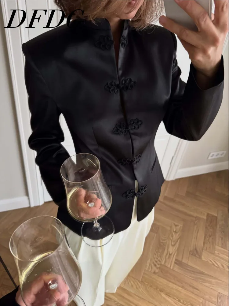 DFDG Women's Spring Summer Satin Mandarin Collar Knot Button Blazer Chic Formal Casual Wear 2026 Trendy Feminine Fashion Coat