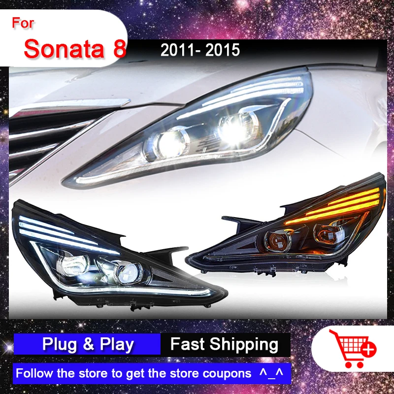 

Car LED Headlights For Hyundai Sonata 8th Gen 2011-2015 LED DRL Blue Start Animation Dynamic Signal Lamp Be-xenon Lens Headlamps