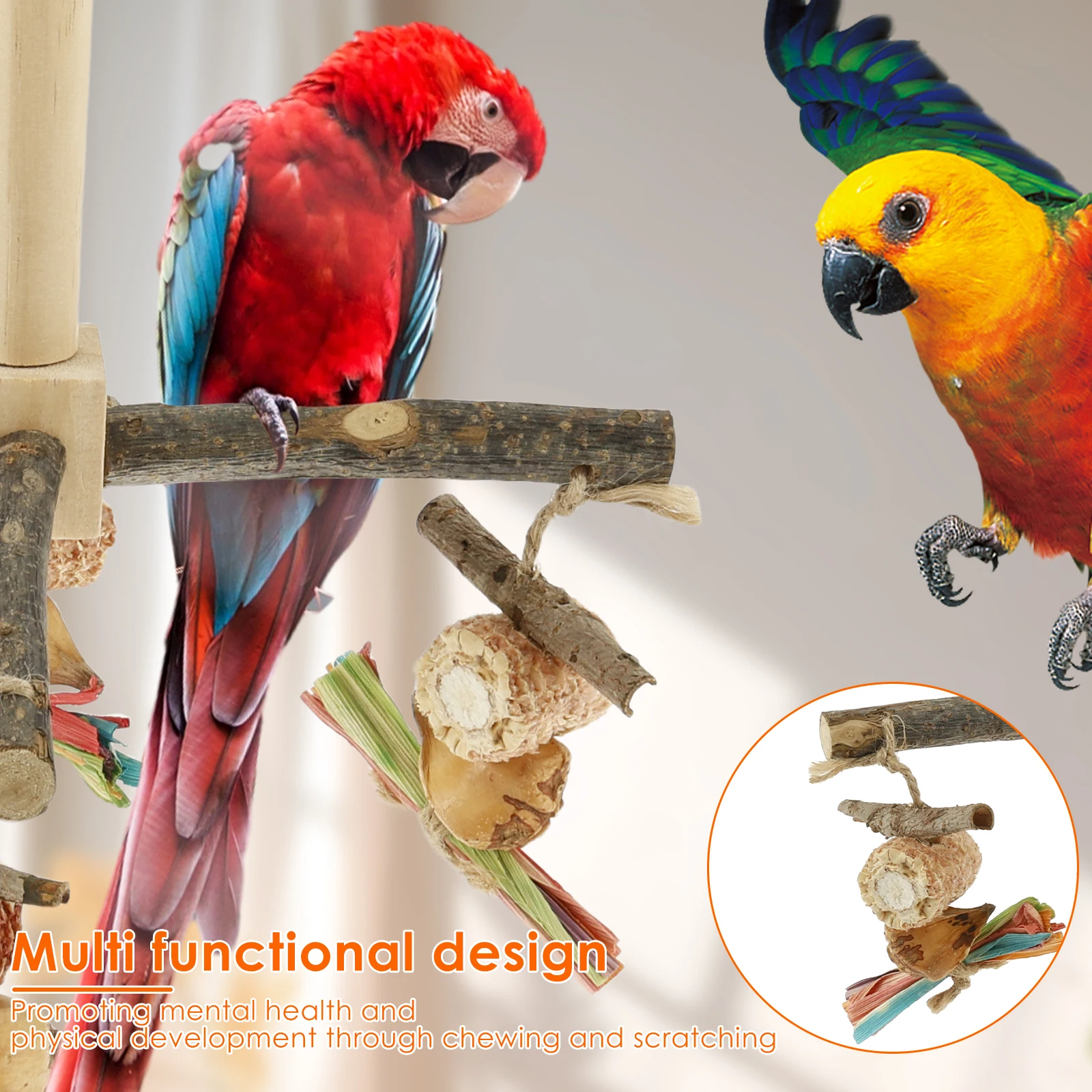 Bird Stand Perch Toy Wooden Parrot Chew Toys 360° Cross Rotatable Parrot Exercise Standing Perch Hanging Bird Cage Accessories