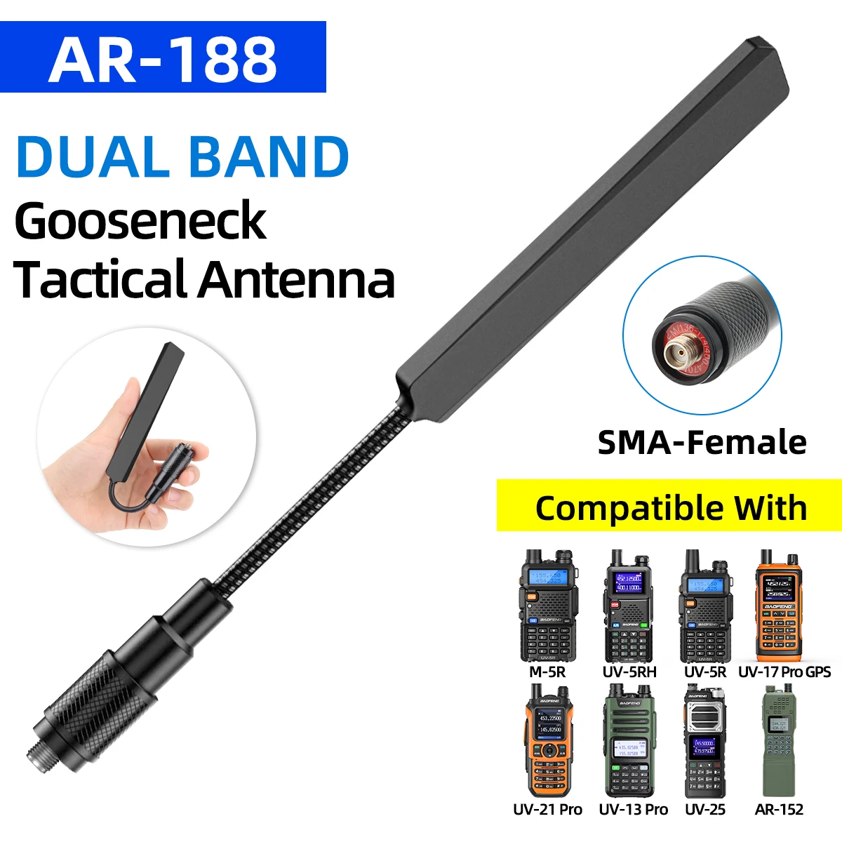 Tactical Antenna Gooseneck SMA-Female VHF UHF for Baofeng UV-5R MINI UV-5RH 21 PRO QUANSHEGN UV-K5K6 Walkie Talkie