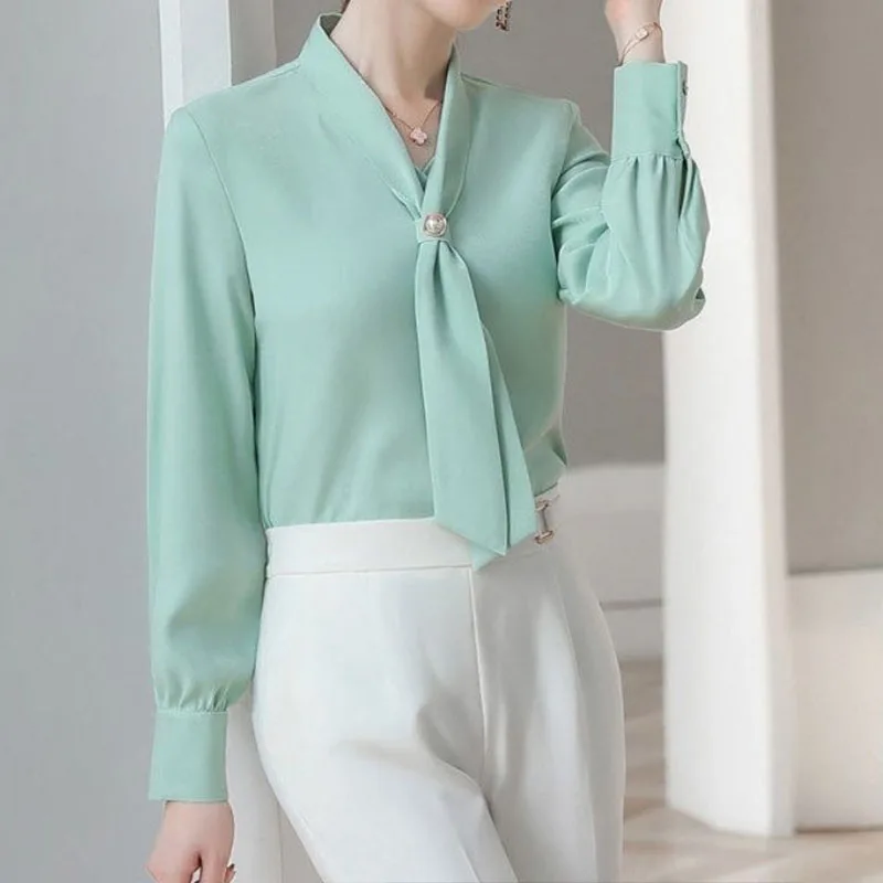 2022 Spring Autumn Solid Color Chiffon Shirt Women's Lacing Strap Buttons Decorate Loose Fashion Long Sleeve Upper Outer Garment 2022 spring autumn solid color chiffon shirt women s lacing strap buttons decorate loose fashion long sleeve upper outer garment