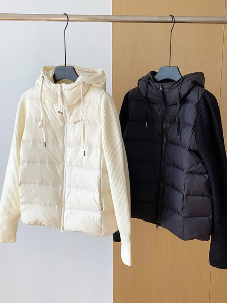 

Women Short White Duck Down Jacket Winter Knitted Spliced Lightweight Down Coat Female Fashion Hooded Black Parkas Outwear