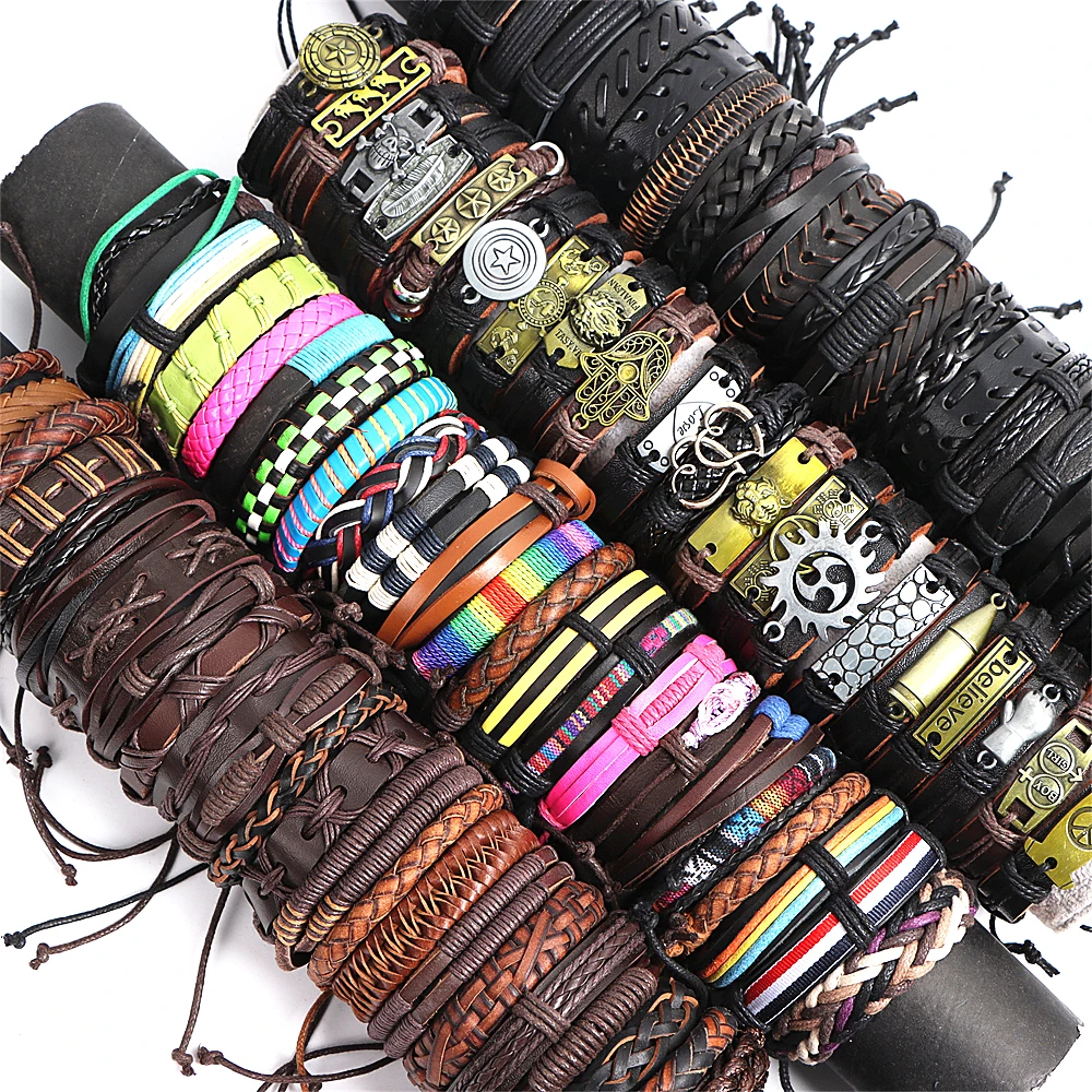 Wholesale Bulk 50Pcs/Lot Handmade Cuff Wrist Leather Bracelets