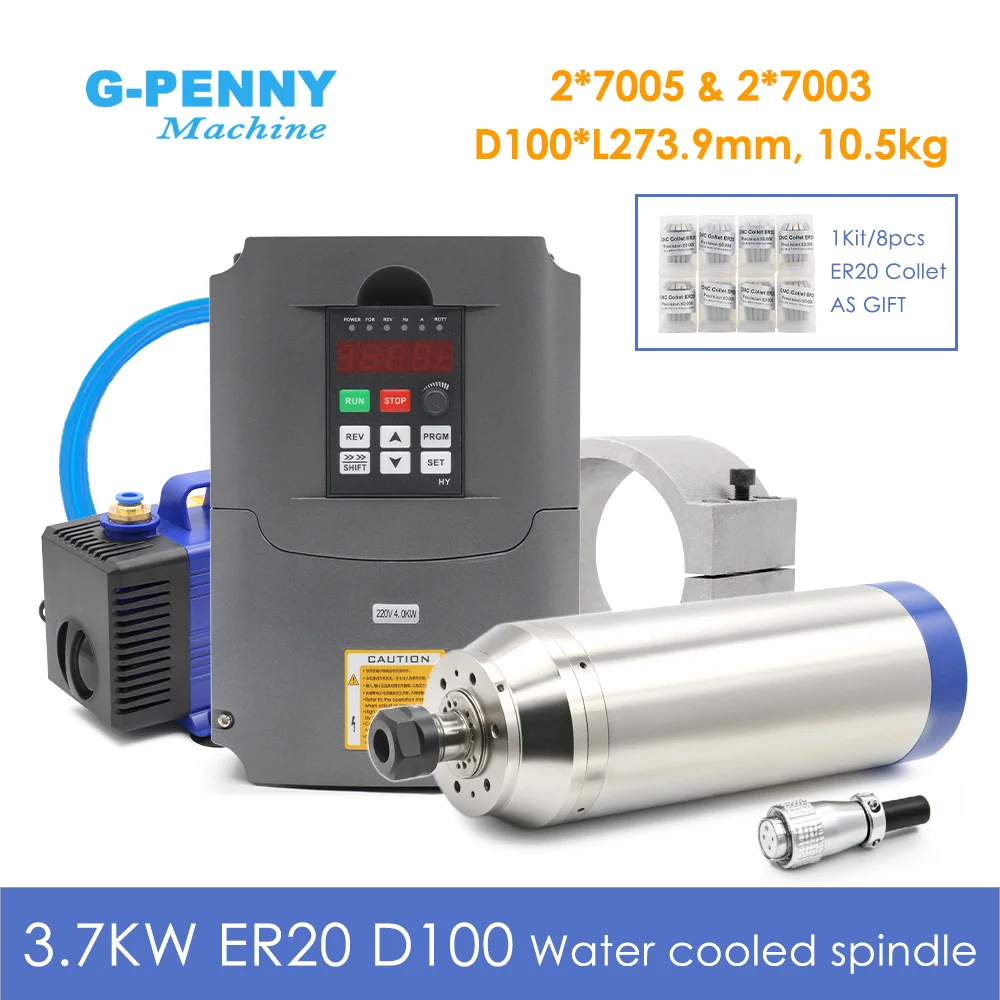 G-Penny 3,7 kW 100 mm wasserdichter, wassergekühlter CNC-Spindel-Kit im Bullet-Design für Holz- und Steinschnitzerei, Fräsen, HY-Inverter, Halterung, Pumpe