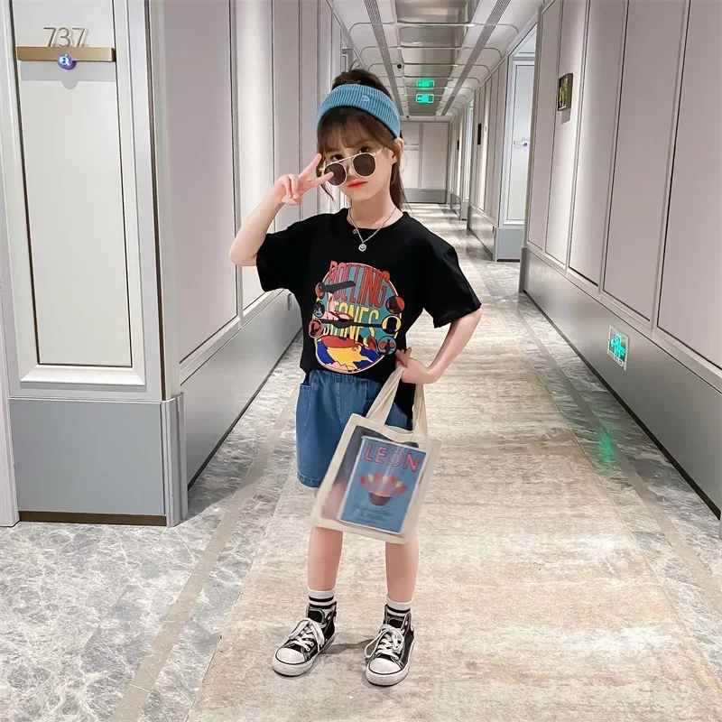 

Teenagers Kids Girls Clothes Set Summer Girl Crop Tops Print T-shirt+Denim Shorts 2pcs Girl Outfits 4 6 10 12 13 Y Baby Clothing