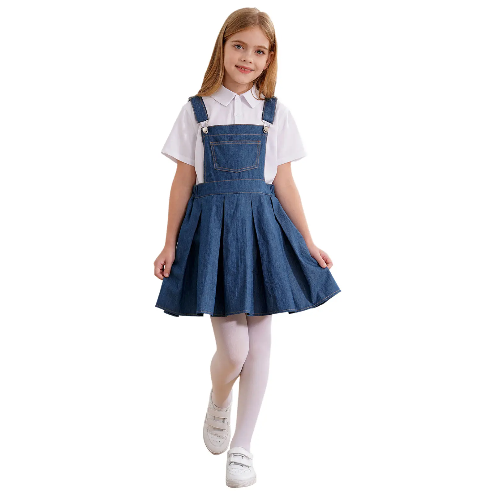 Kids Girls Adjustable Strap Bib Skirt Denim Overall Dress Pleated Suspender Casual Overalls Pleated Daily Dresses with Pocket