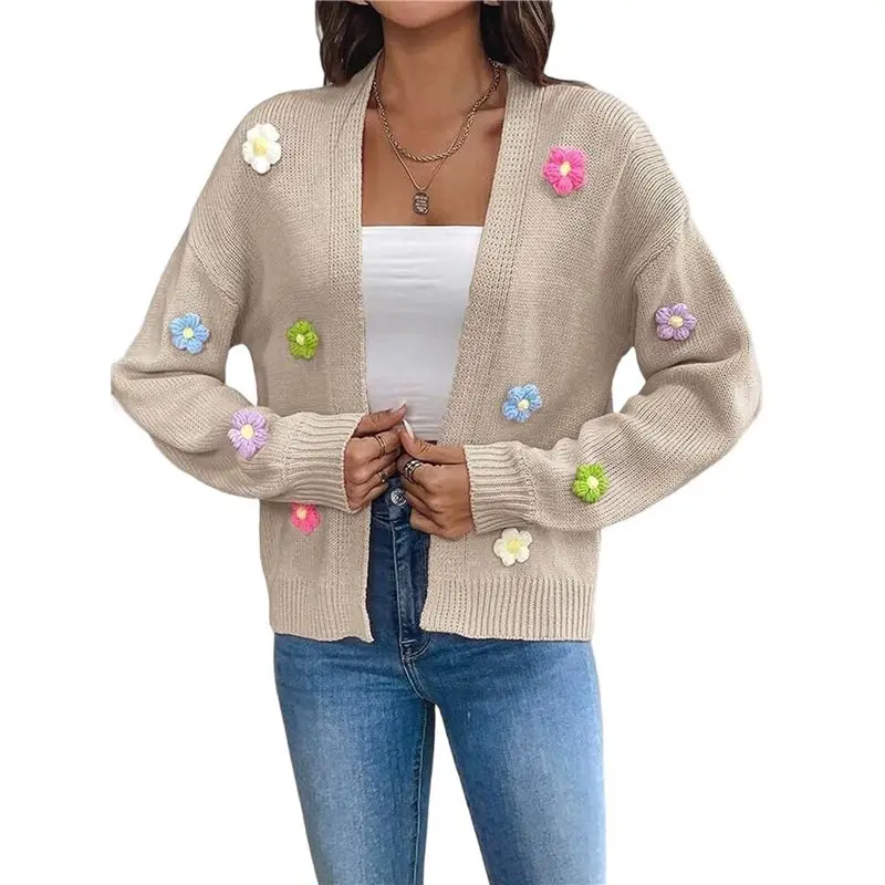 여성용 크롭 가디건 스웨터 보헤미안 크로셰 플로럴 자수 오버사이즈 오픈 프론트 니트 스웨터 아우터웨어