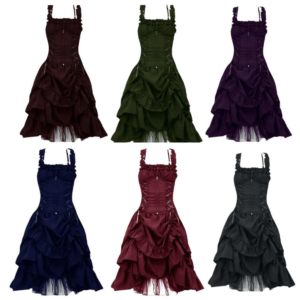 

Medieval Cosplay Vintage Elegant Lace Up Corset Waist Vampire Halloween Gothic Retro Ball Gown Lady Punk Sleeveless Lolita Dress