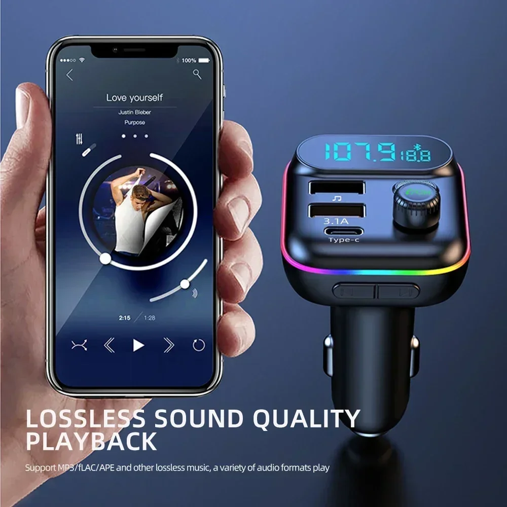 QC3.0 PD 25W Car Charger Fast USB Type C Car Bluetooth 5.0 FM Transmitter Colorful Handsfree Kit Mp3 Player Support TF Card