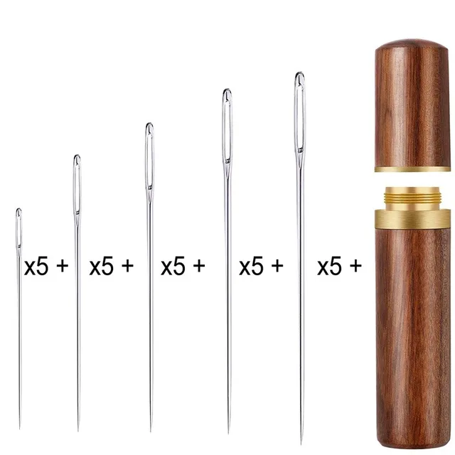 25PCS Large Eye Stitching Needles, 5 Sizes Big Eye Hand Sewing Sharp Needles Embroidery Thread Needle with Wooden Needle Case 2