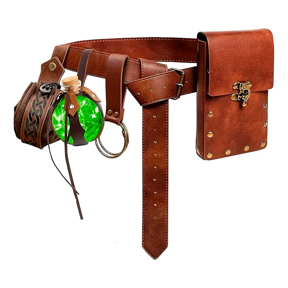 Mittelalterlicher Gürtel, Kupfer, Geld-Hüfttasche, Renaissance, dunkle Korkspitze, magische Flasche, Set mit Glas, magische Flasche, Rollenspiel, Halloween