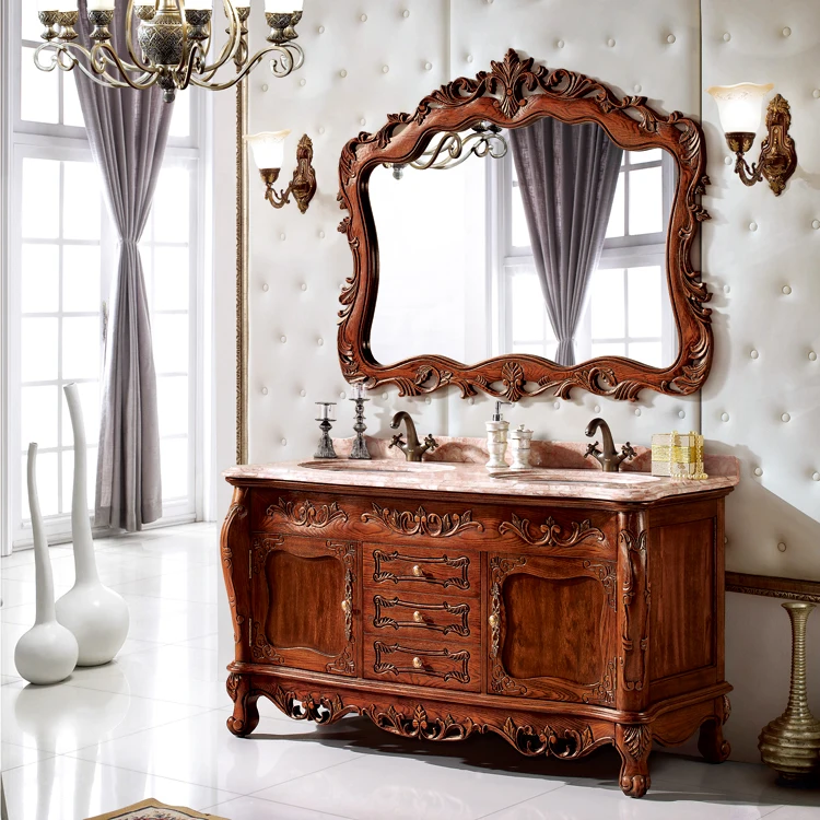 Antique Solid Wood Spot Red Oak Large Apartment Combination Bathroom Cabinet Simple European Washbasin