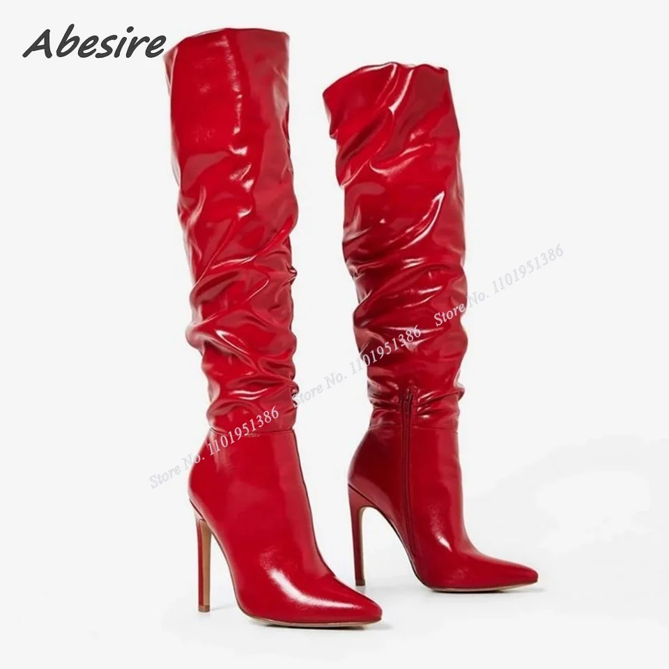 

Abesire Red Pleated Side Zipper Boots Patent Leather over the Knee Boots Thin Heel Shoes for Women High Heel Zapatillas Mujer