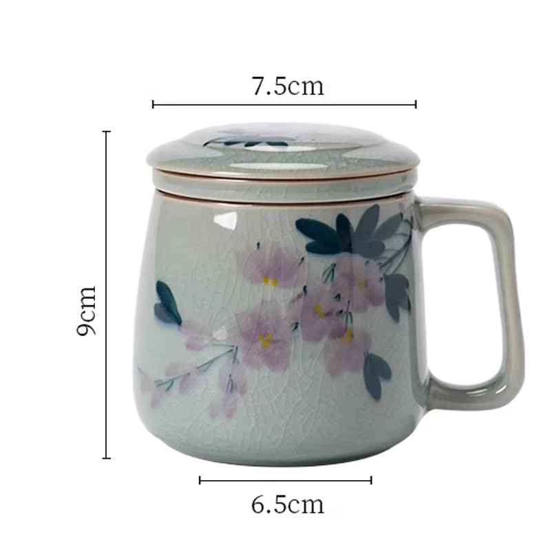 Chinese Style Tea Filtering and Separation Cups With Cover Personal Ice crack pattern Mug Home Drinkware Ceramic Office Cup, 1Pc