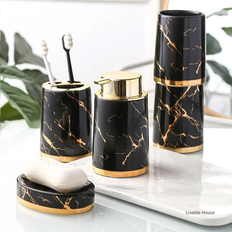 Marbling Ceramic Bathroom Accessories Set Toiletries Wash Set Mouth Cup Lotion Bottle Toothbrush Holder Soap Dish Bathroom Suppl