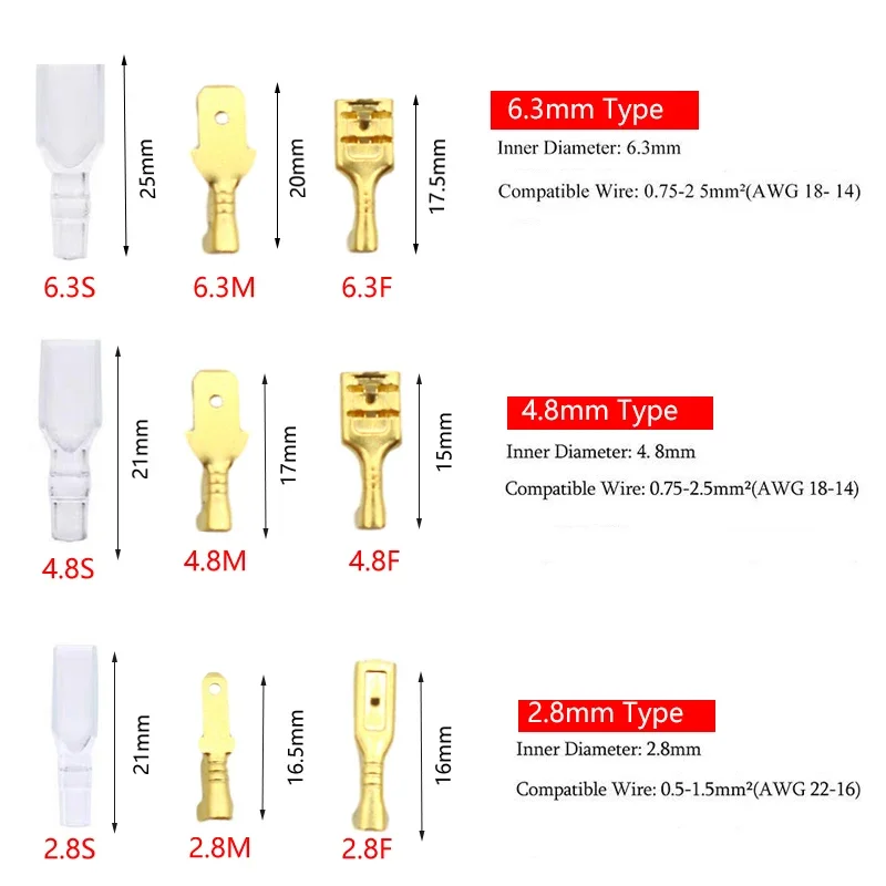 100 개/몫 2.8/4.8/6.3mm 여성 및 남성 압착 단자 황동 자동차 스피커 전선 커넥터 및 절연 외장