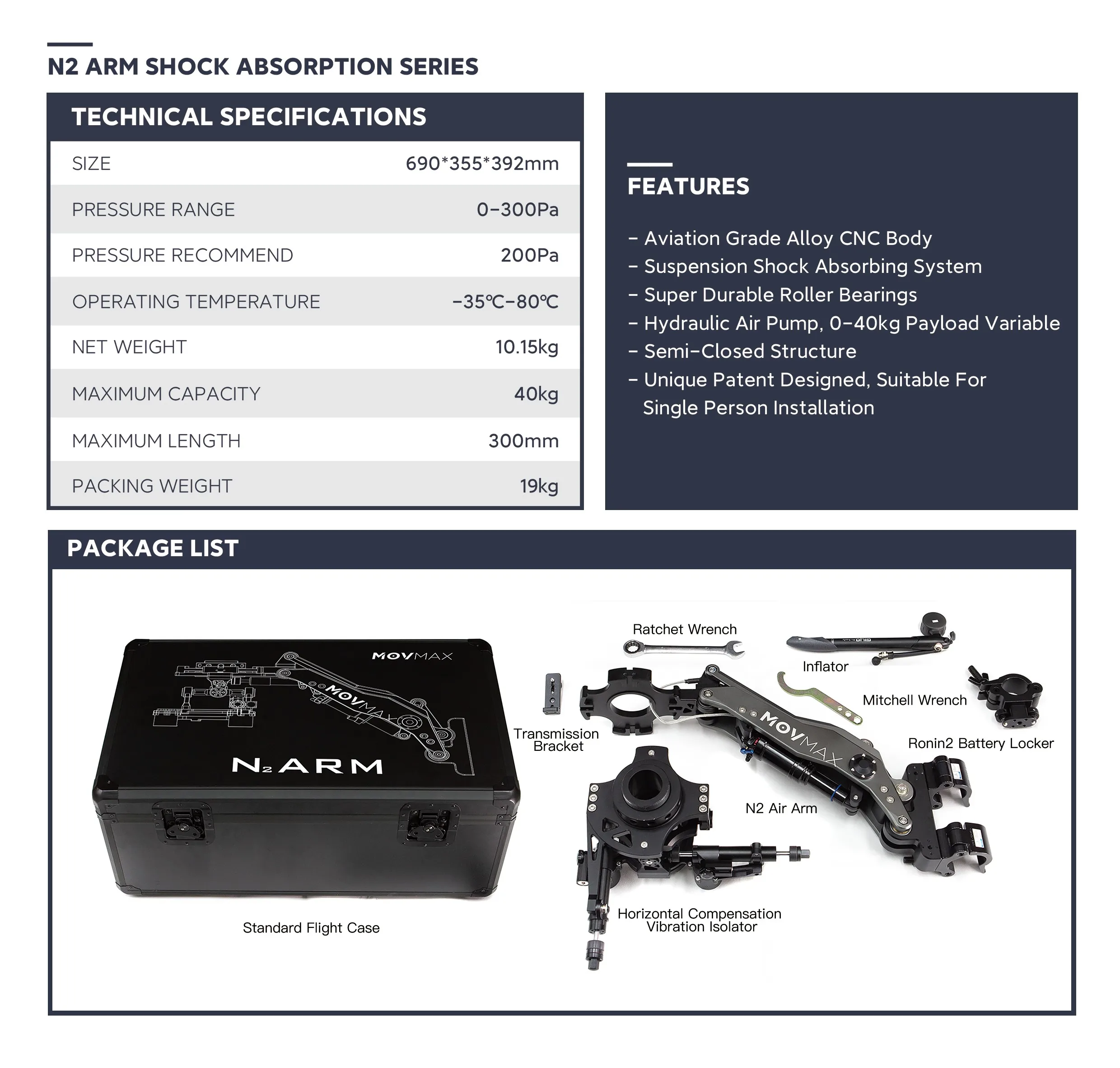 N2 Air Arm Anti-Shock Absorbing Car Shooting Hang Arm Payload 40kg for Movie Vid