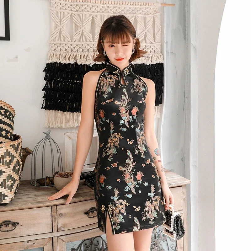 

New Summer Chinese National Short Cheongsam Dragon Phoenix Sexy Halter Dress Sleeveless Women Mini Dress Split Dresses Qipao