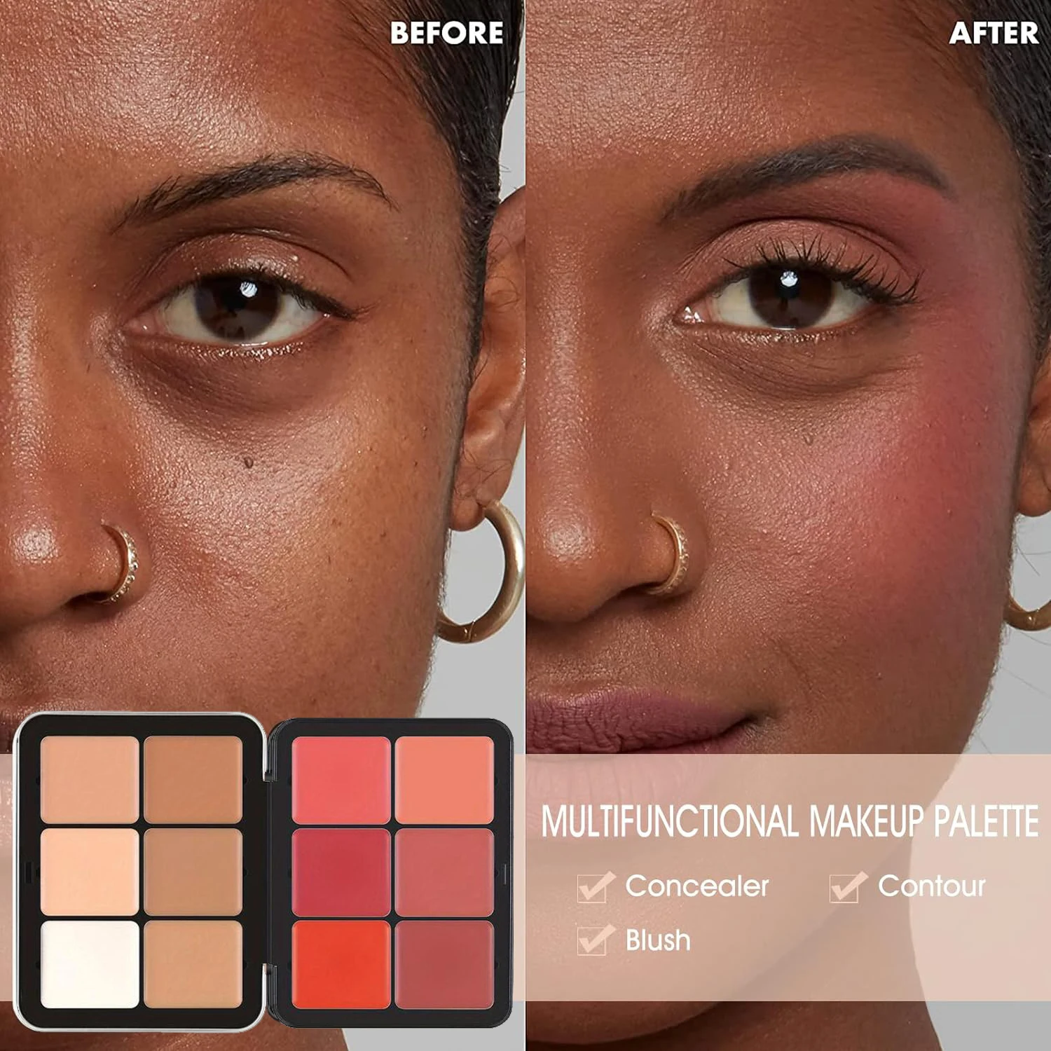 Makeup Blush Cream Palette for Cheeks Multi-functional Concealer Makeup Palette with Brusher Natural Matte Long Wearing 12 Color