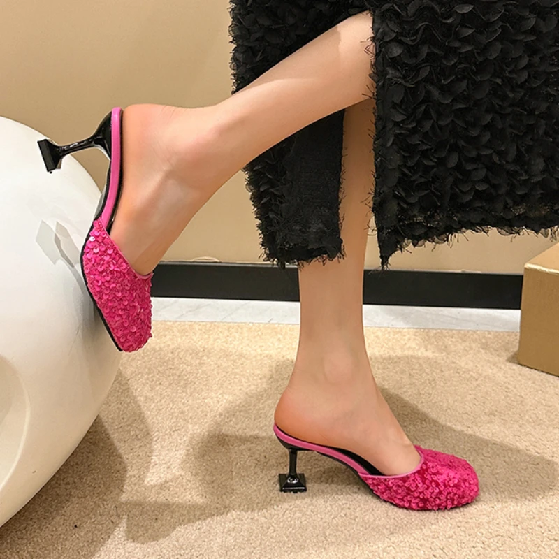 

2023 Summer Fashion New Sexy Banquet Solid Color Sequin Square Toe Stiletto High Heels Casual Comfortable Sandals Zapatos Mujer