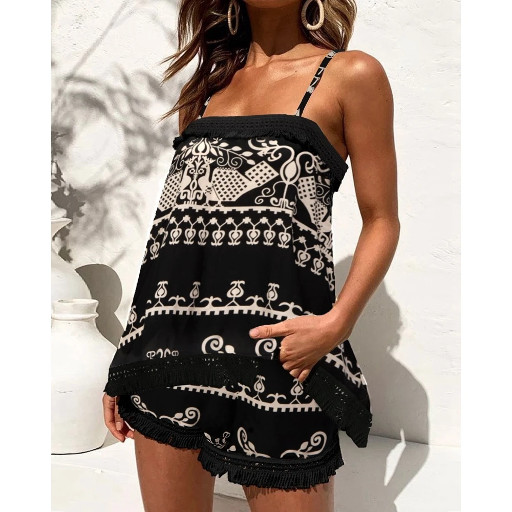 

Vintage Women Retro Tribal Print Tassel Trim Cami Top & Shorts Set Casual Femme 2 Piece Cami Top Set Summer Daily Boho Vacation