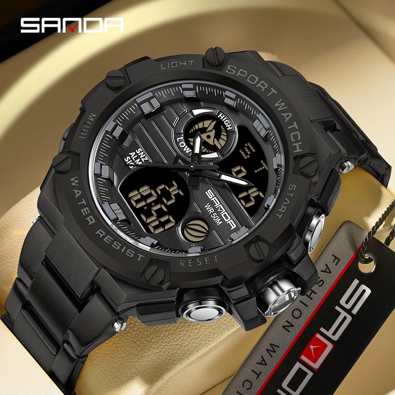 

SANDA Men's Watch Outdoor Sport Stopwatches LED Digital Quartz Wristwatch Double Display Electronic Military Electronic Clock