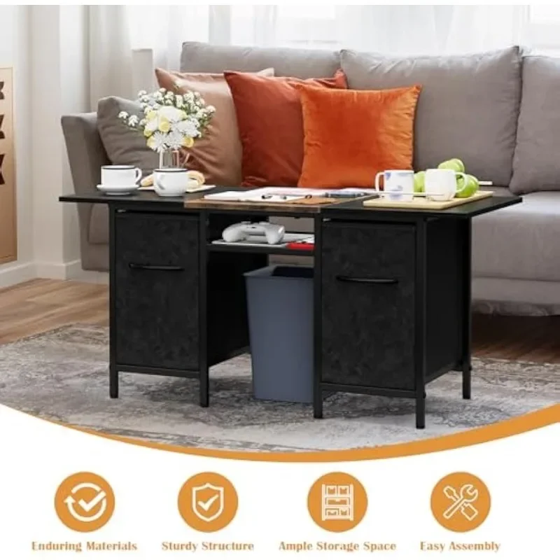 Modern Coffee Tables for Living Room 35'' Small Rectangle Coffee Table with 2 Large Fabric Storage Drawers and Metal Shelf, Wood 4