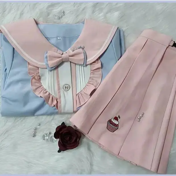 Japan JK Chic 2 Piece Sets Women Clothing Sailor Collar Embroidery Shirt A-line Pleated Mini Shirt Outfits Sweet Y2k Suit