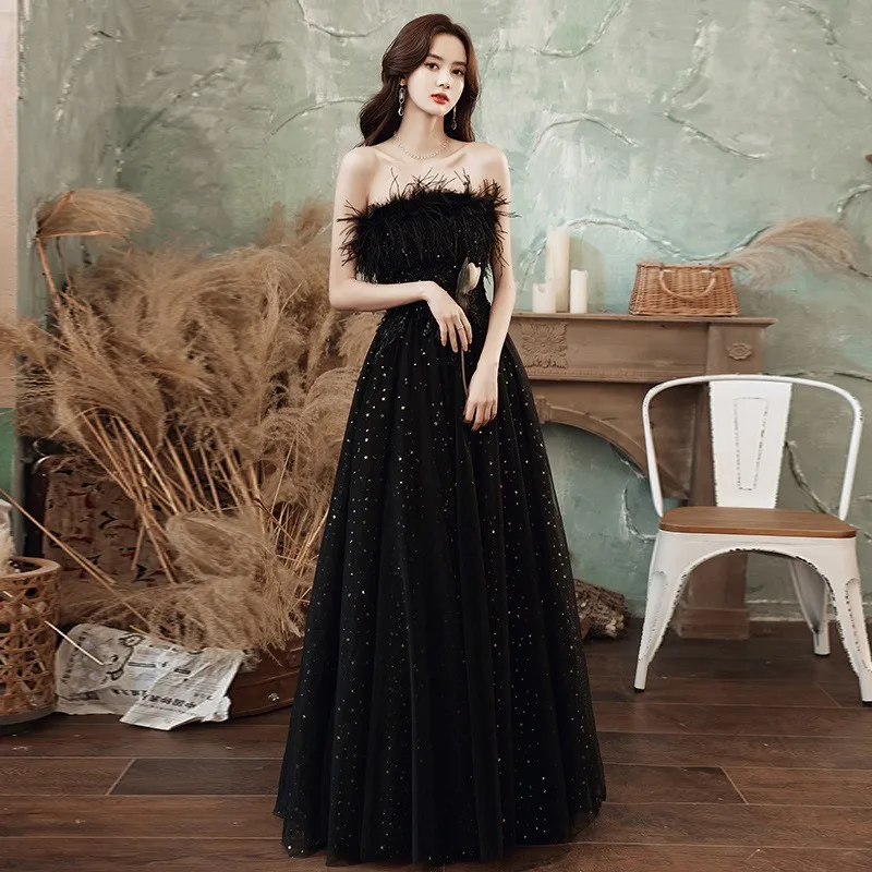 

Black Dress Female New Banquet Temperament Host Style Sense Art Exam