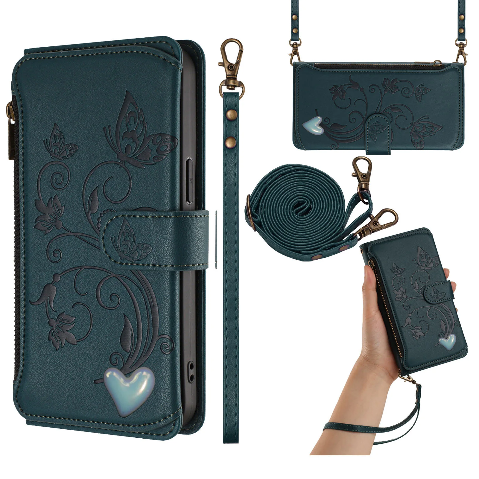 Elegant Crossbody Lanyard Flip Case Leather Wallet Cover with 5 Card Slots