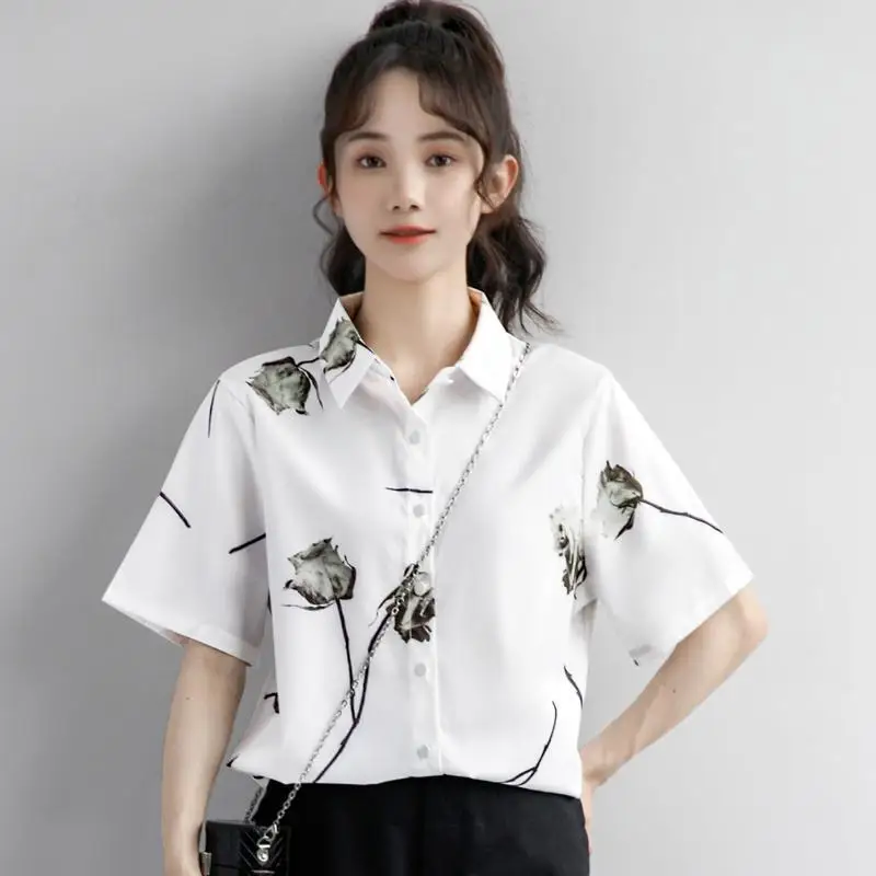 

Flower Printed Short Sleeved Polo Shirts Women Clothing Loose Casual Harajuku White Shirt Summer Blouse Tops Lapel Female Blusas